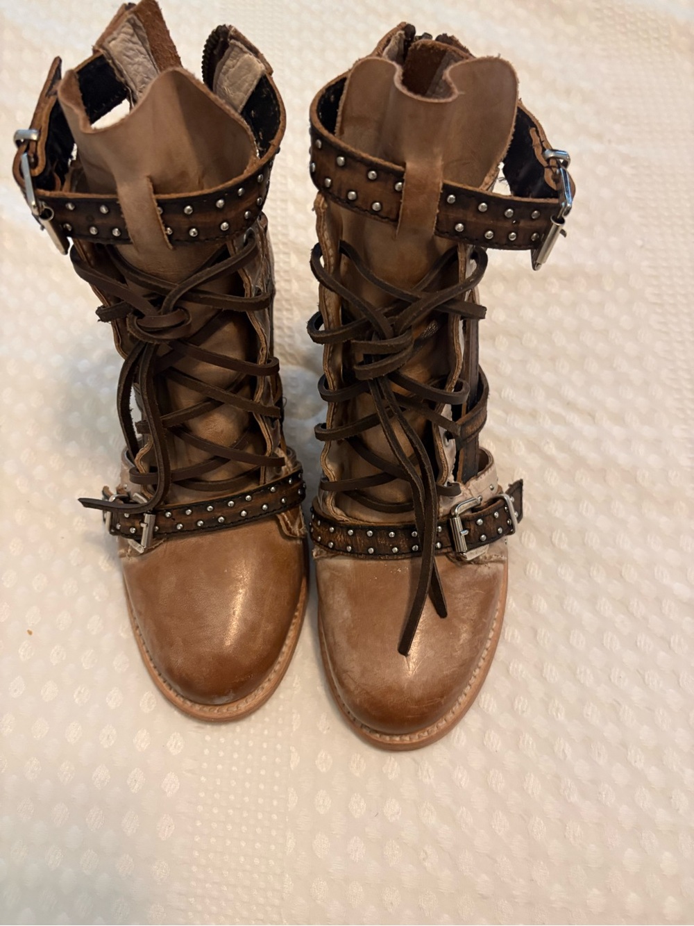 freebird Brown Studded Lace-Up Buckle Ankle Boots